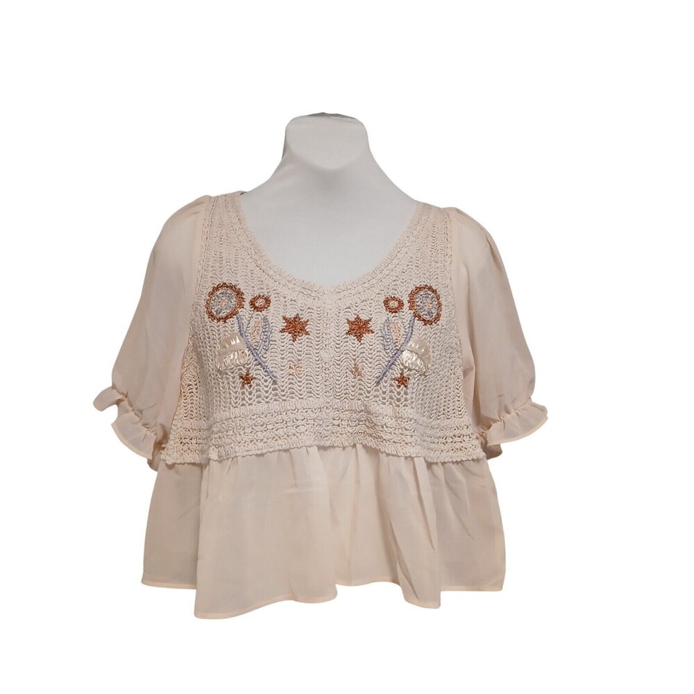NWT Baby Doll Korean Boho Sheer Crochet Top/Blouse with Embroidery for Women-S - Picture 2 of 8